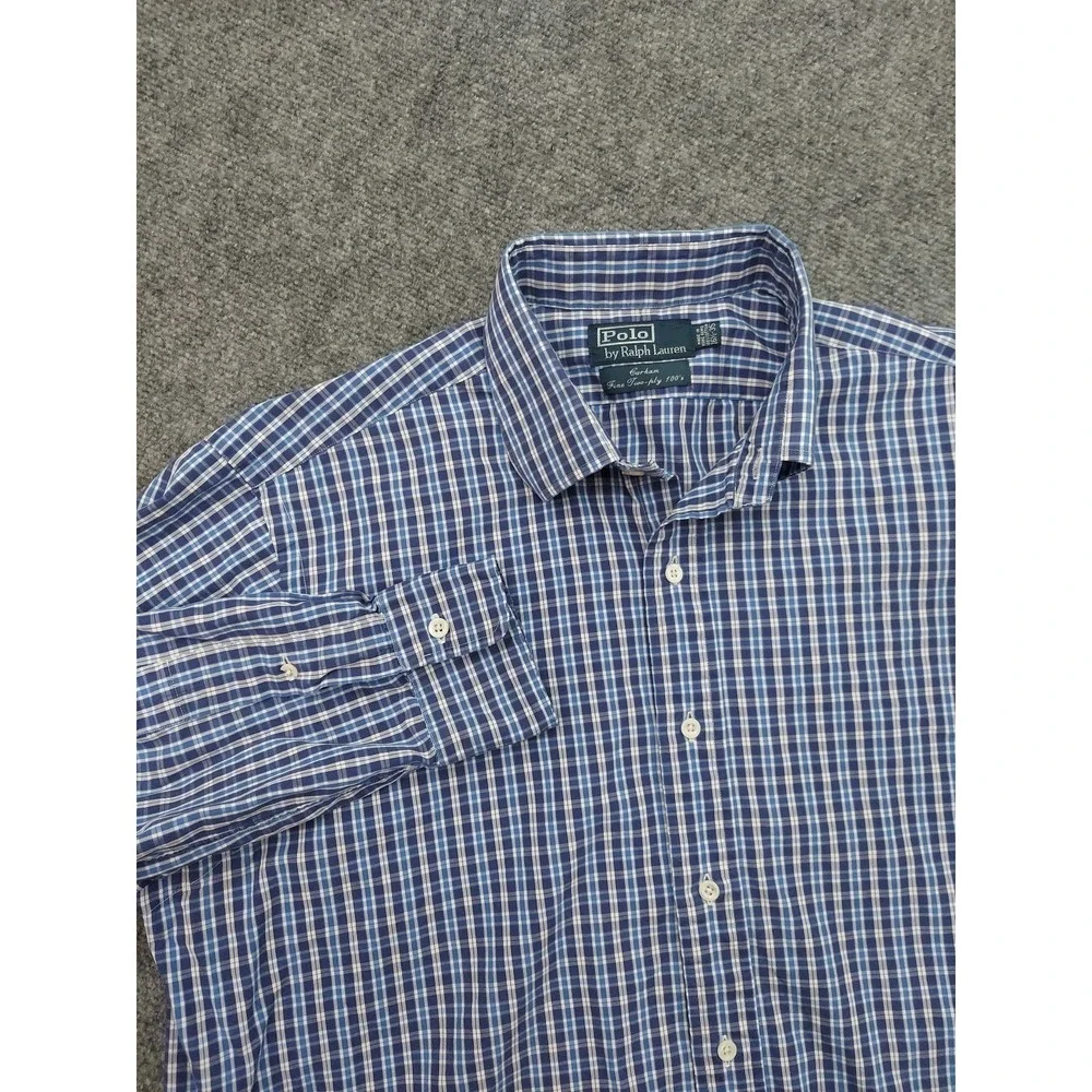 Vt POLO‎ RALPH LAUREN Shirt Mens 16.5-35 Blue Plaid Curham 2 Ply 100s Hong Kong